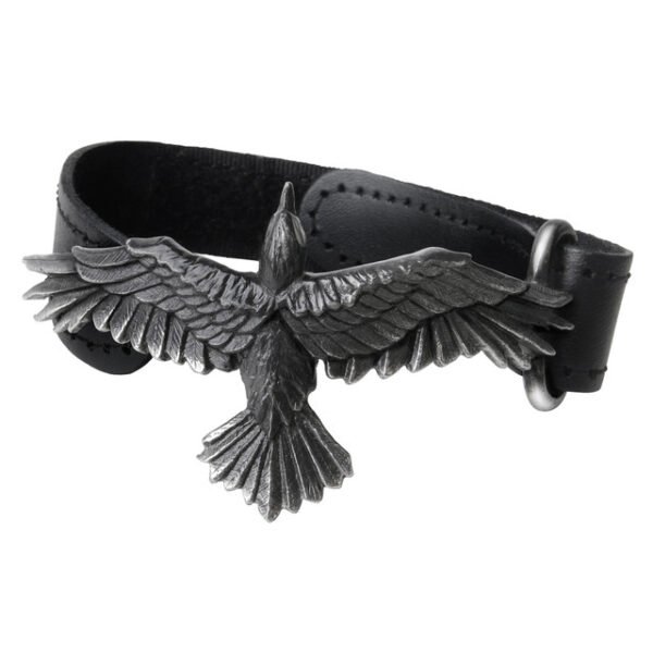 Pewter The Raven Bracelet / Black Leather Wrist Strap by Alchemy Gothic Unisex