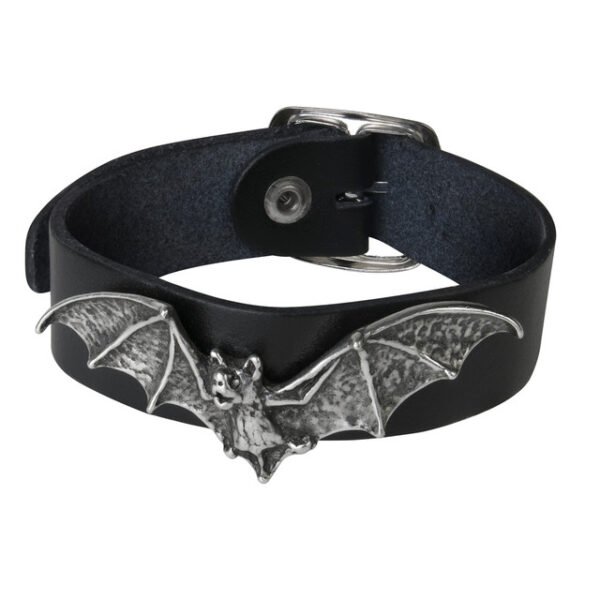 Pewter VAMPIRE BAT Bracelet / Black Leather Wrist Strap by Alchemy Gothic UNISEX