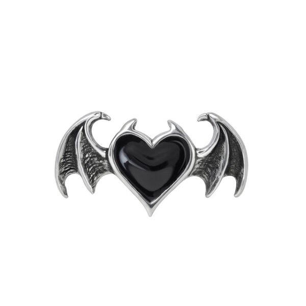 Pewter Vampire Bat Winged Flying Black Heart Ring by Alchemy Gothic 1977