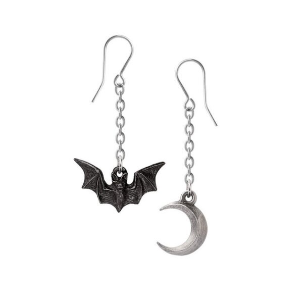 Black Bat and Crrescent Moon Drop Earrings Pair
