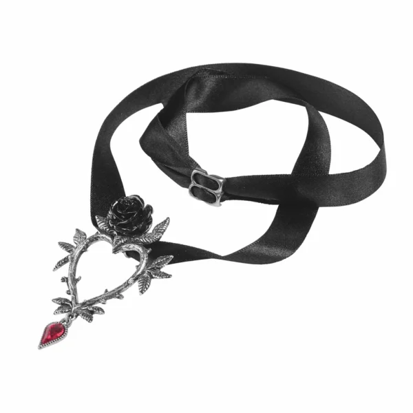 Pewter Heart Black Rose Black Ribbon Necklace