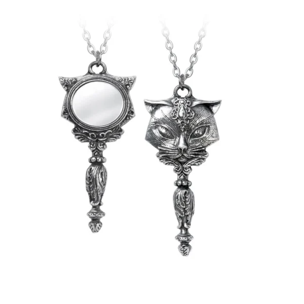 Mystic Cat Pewter Cat Necklace Mirrored Pendant by Alchemy Gothic 1977