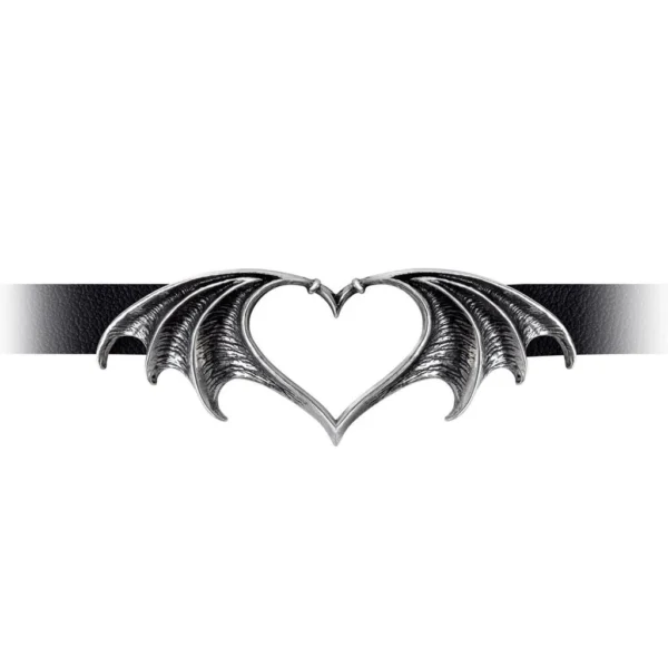 Black Choker Vampire Bat Night Love Pewter Heart Necklace by Alchemy Gothic 1977