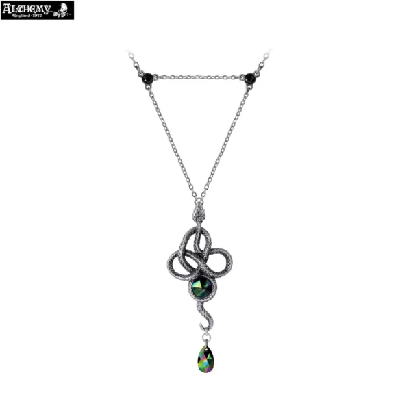 Triple Ring Pewter Serpent Black Crystal Necklace Pendant - Alchemy Gothic 1977