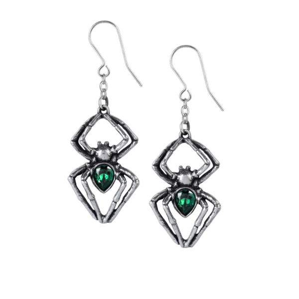 Black Widow Green Crystal Drop Earrings Pewter Crystal Spider Earrings from UK