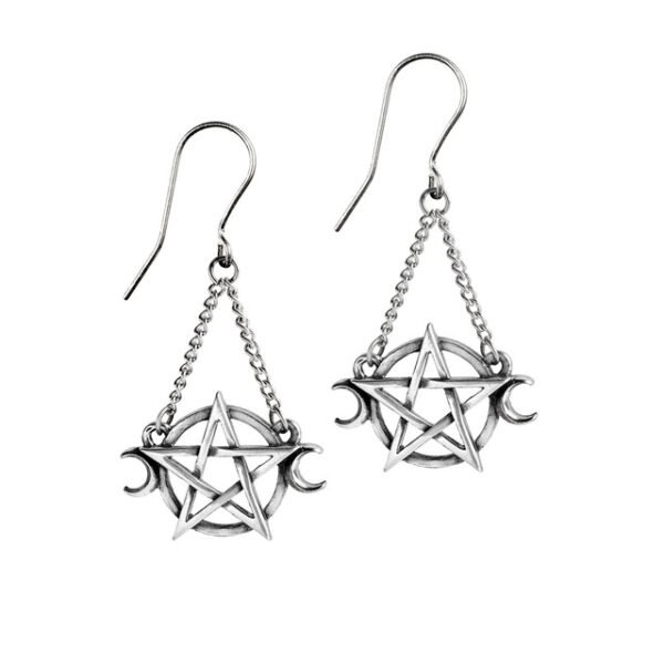 Pewter Pentagram Moon Drop Earrings