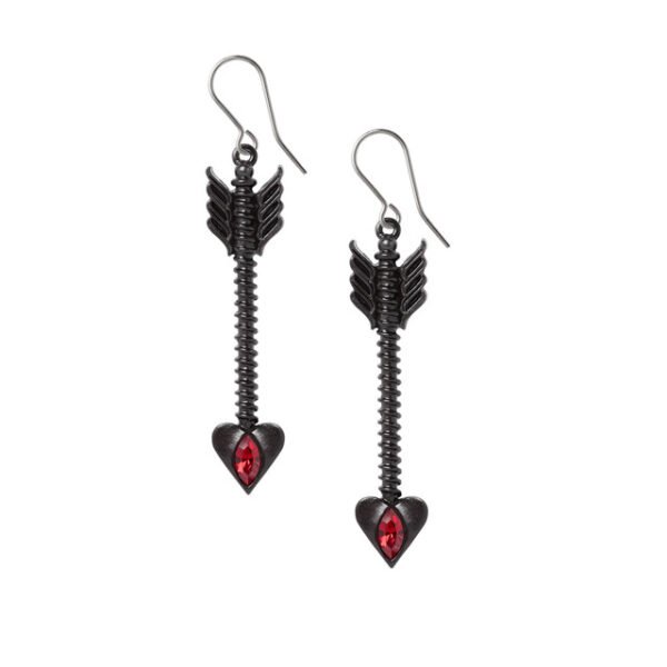 Pewter Black Arrow Red Heart Drop Earrings