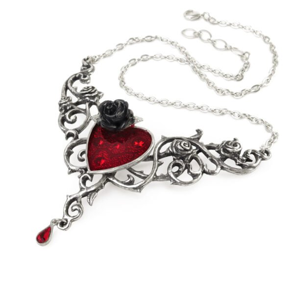 Pewter Gothic Rose Vine Black Rose Heart Necklace