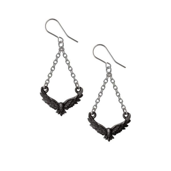 Art Deco Pewter Black Raven Drop Earrings by Alchemy Gothic 1977