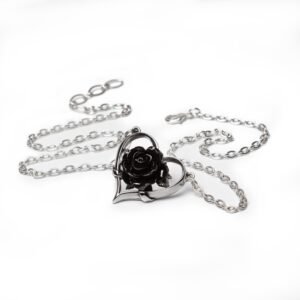 Pewter Floating Heart Black Rose Necklace