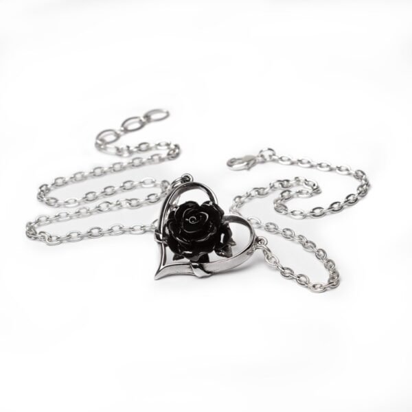 Pewter Floating Heart Black Rose Necklace