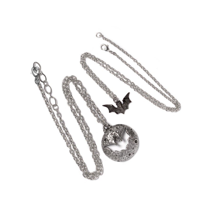 Pewter Black Bat Luna Roost Moon Necklaces