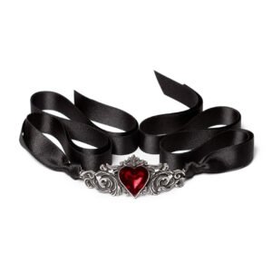 Wedding Pewter Red Heart Black Ribbon Choker Necklace