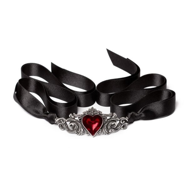 Wedding Pewter Red Heart Black Ribbon Choker Necklace